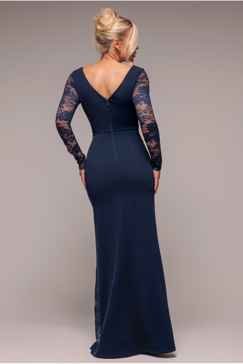 Goddiva Scuba & Lace Wrap Maxi Dress - Navy Blue