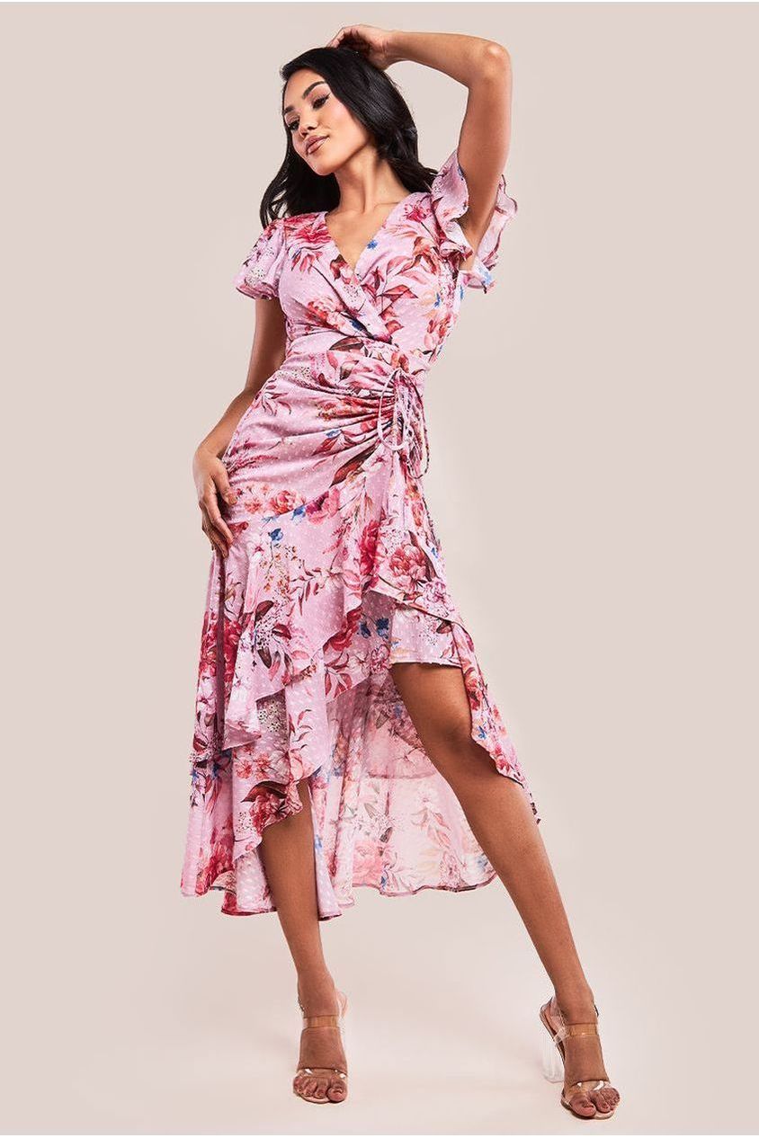 Goddiva Floral Wrap High And Low Midaxi Dress - Blush Pink