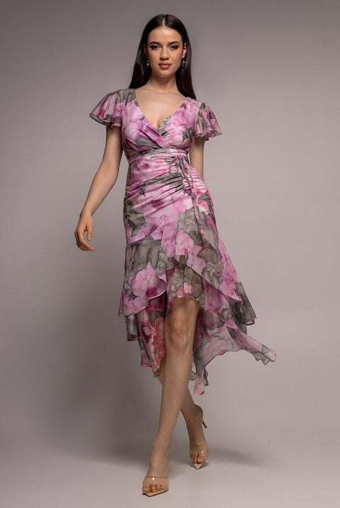 Goddiva Floral Wrap High And Low Midaxi Dress - Blush