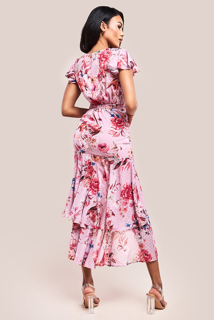 Goddiva Floral Wrap High And Low Midaxi Dress - Blush