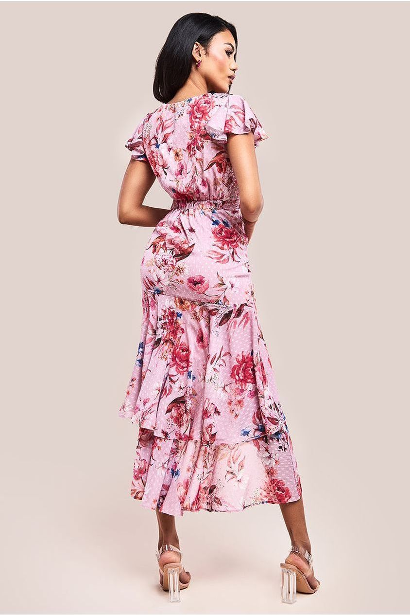 Goddiva Floral Wrap High And Low Midaxi Dress - Blush Pink