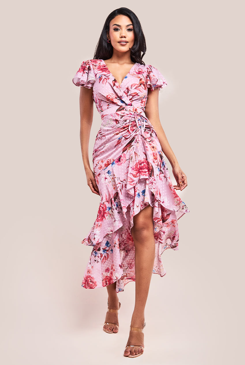 Goddiva Floral Wrap High And Low Midaxi Dress - Blush