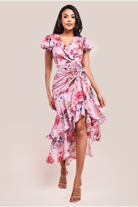 Goddiva Floral Wrap High And Low Midaxi Dress - Blush