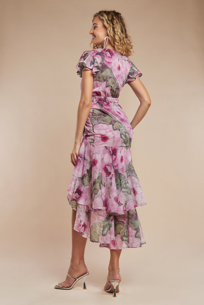 Goddiva Floral Wrap High And Low Midaxi Dress - Blush