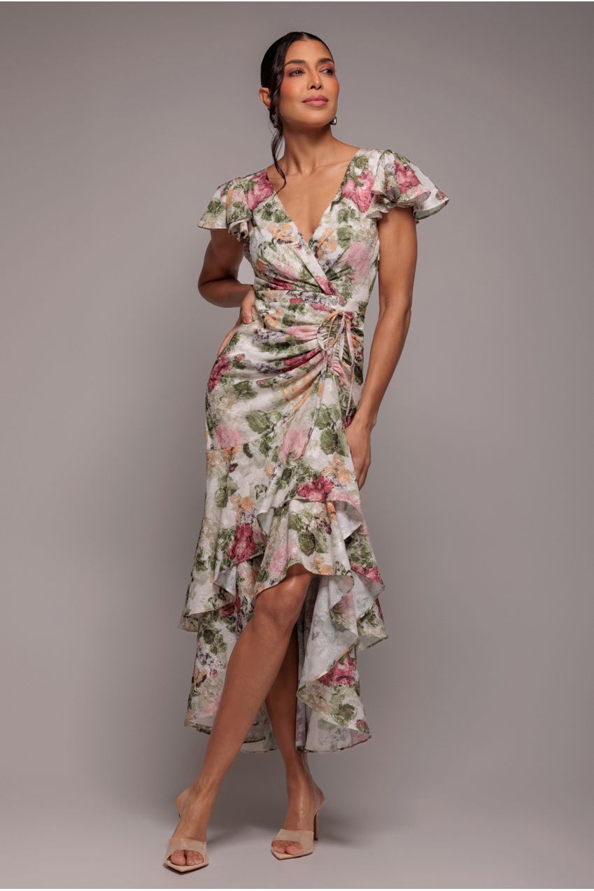 cream floral wrap dress Goddiva High And Low Midaxi Color:Red Mermaid Bodycon Dresses for Women Work_C Womens dresses Adjustable Waist Guide (cm)