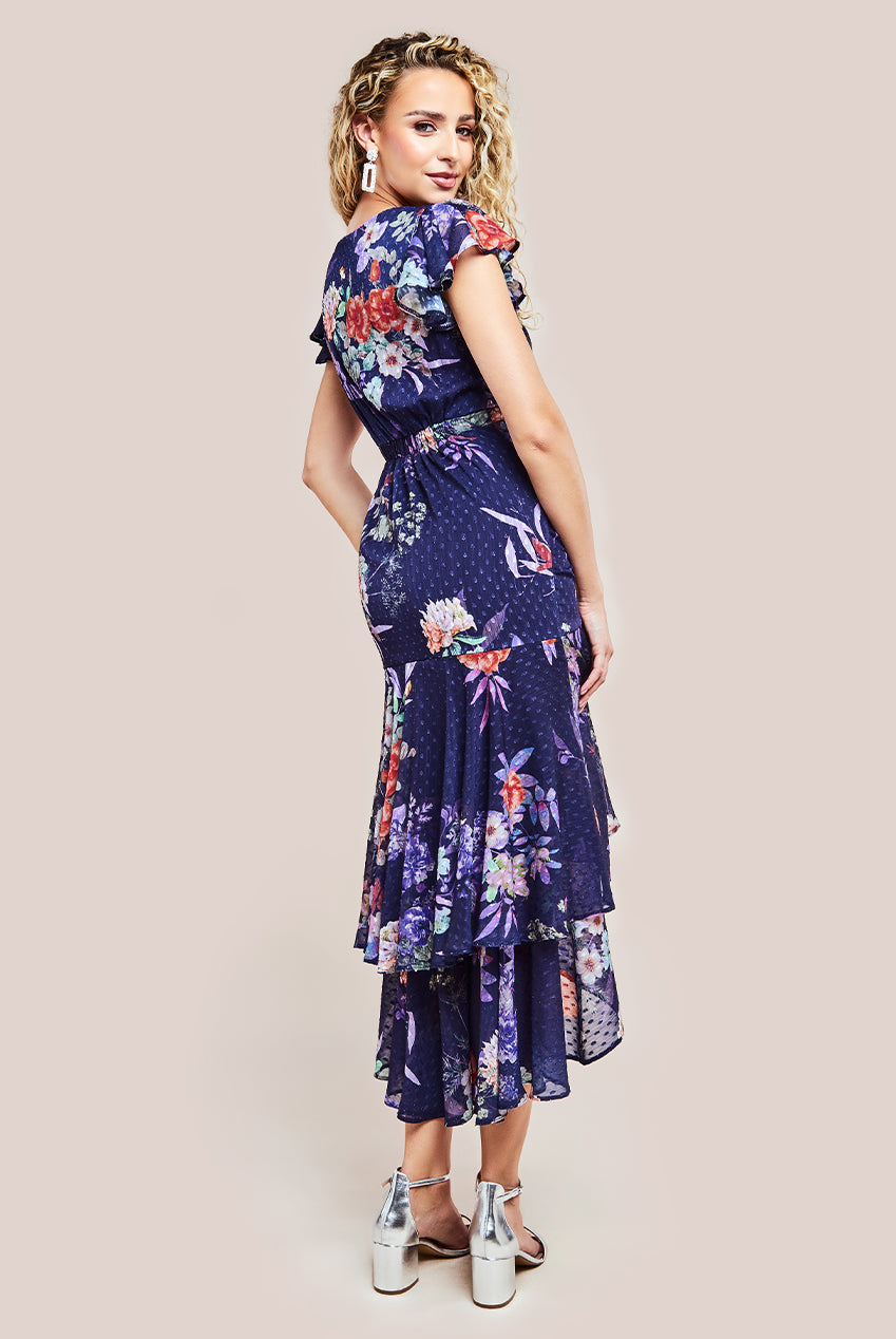 Goddiva Floral Wrap High And Low Midaxi Dress - Navy