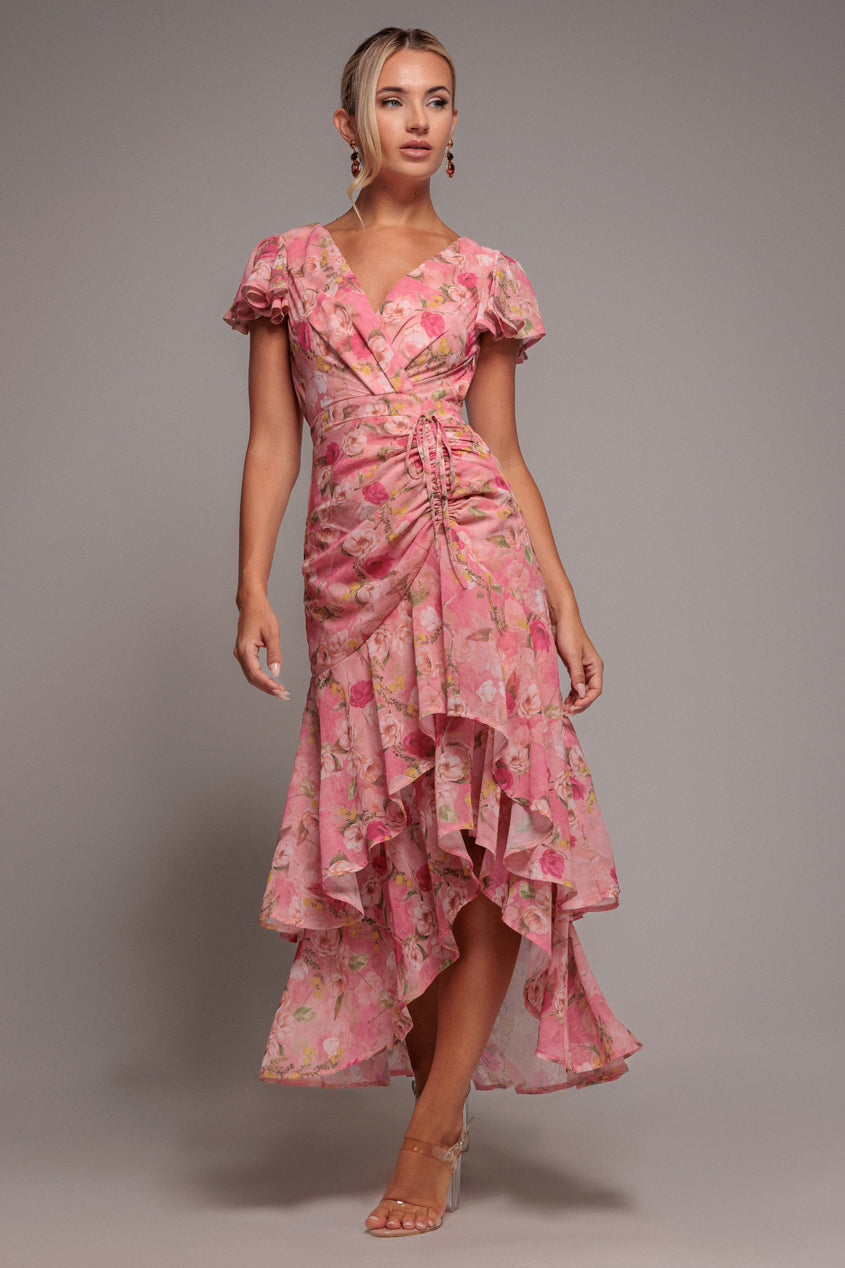 Goddiva Floral Wrap High And Low Midaxi Dress - Pink