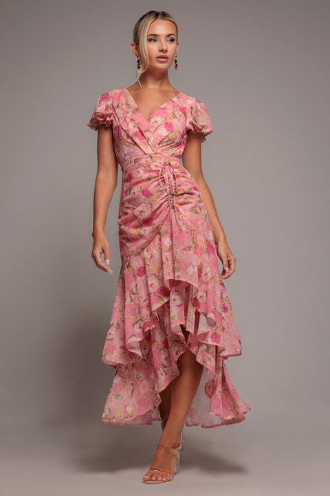 Goddiva Floral Wrap High And Low Midaxi Dress - Pink