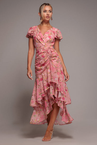 Pink - Goddiva Floral Wrap High And Low Midaxi Dress - Pink