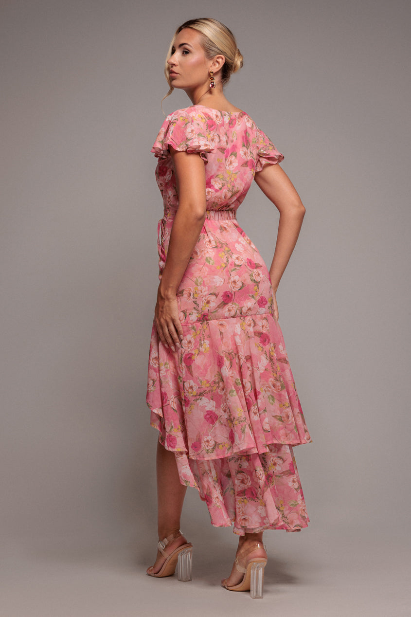 Goddiva Floral Wrap High And Low Midaxi Dress - Pink