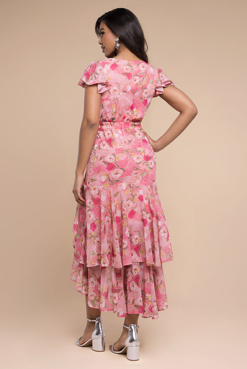 Goddiva Floral Wrap High And Low Midaxi Dress - Pink