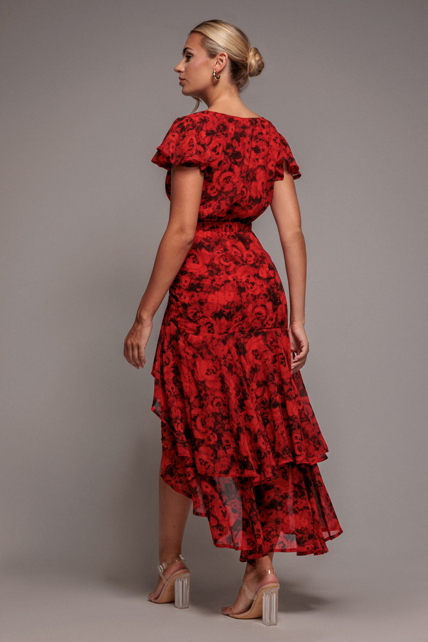 Goddiva Floral Wrap High And Low Midaxi Dress - Red