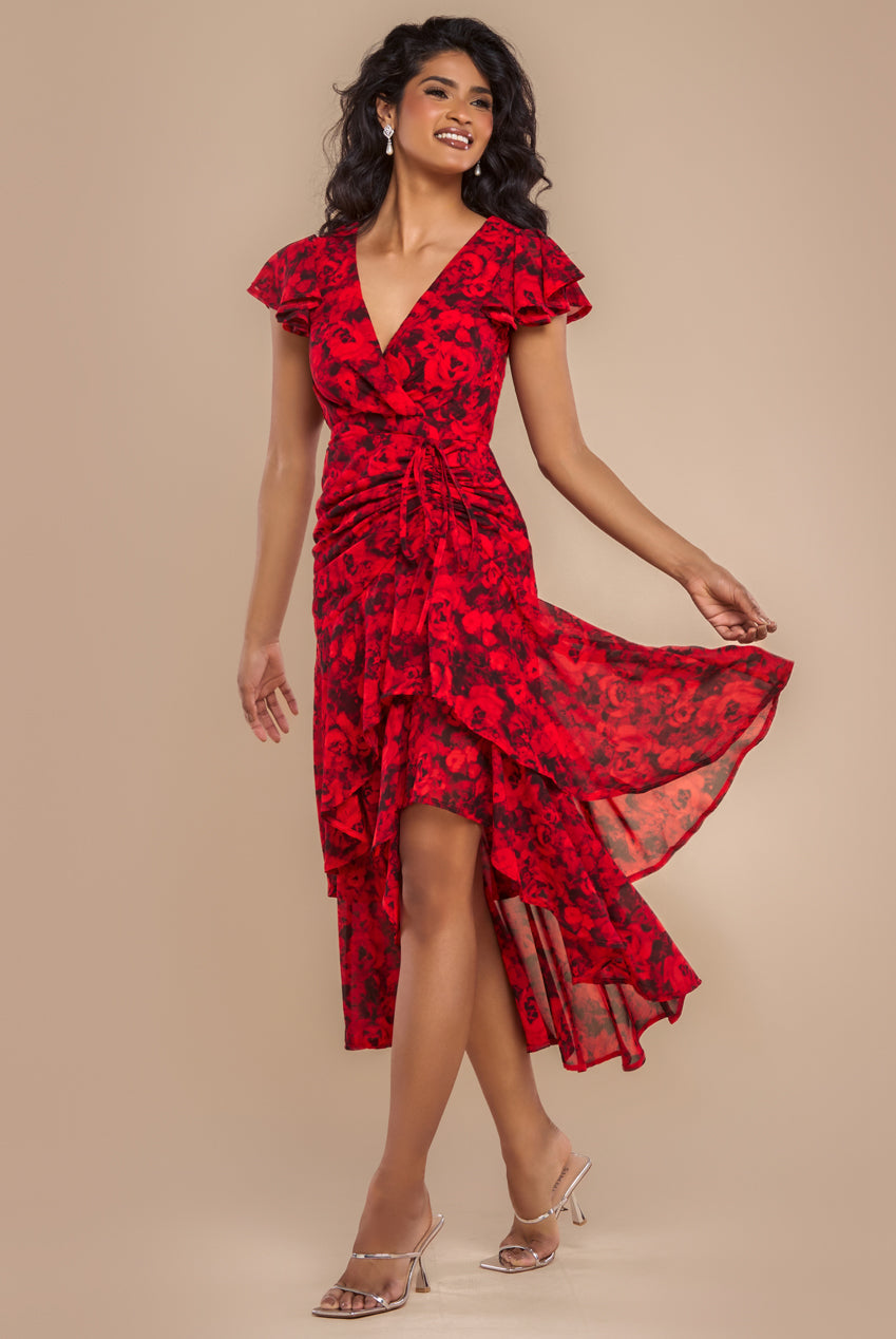 Goddiva Floral Wrap High And Low Midaxi Dress - Red