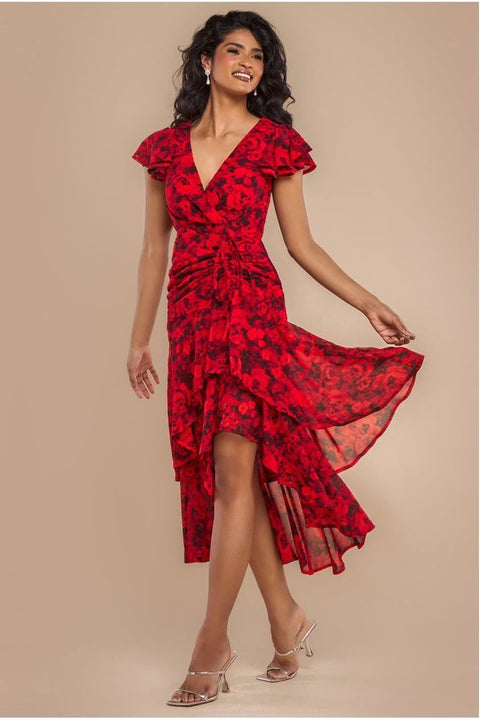 Goddiva Floral Wrap High And Low Midaxi Dress - Red
