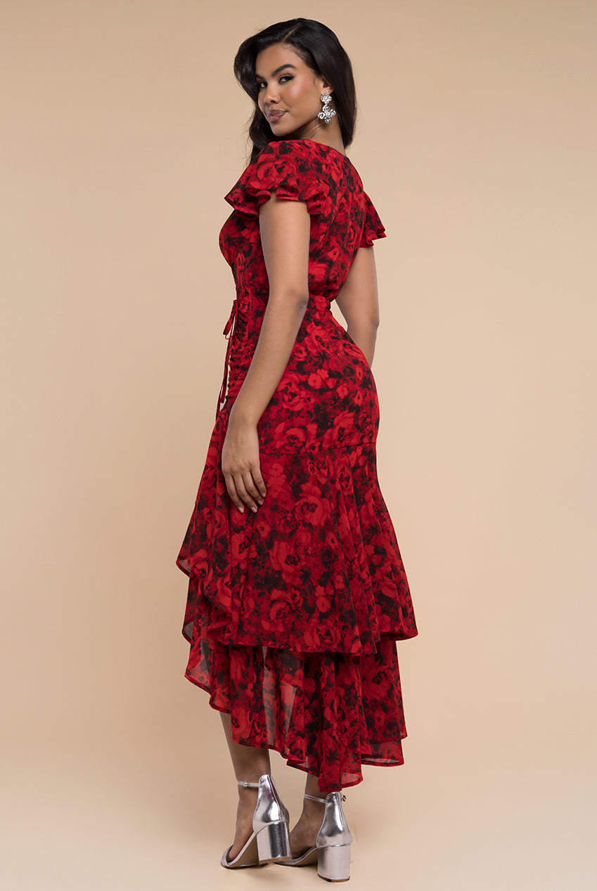 Goddiva Floral Wrap High And Low Midaxi Dress - Red