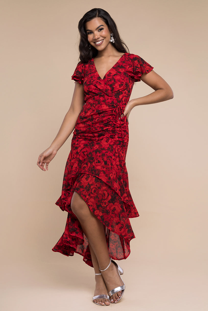 Goddiva Floral Wrap High And Low Midaxi Dress - Red