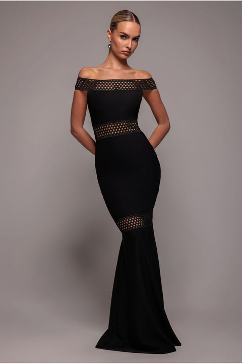 Goddiva Off The Shoulder Ribbed Bodycon Maxi Dress - Black
