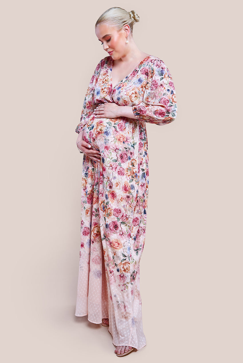 Goddiva Maternity Ombre Floral Printed Wrap Maxi Dress - Ivory