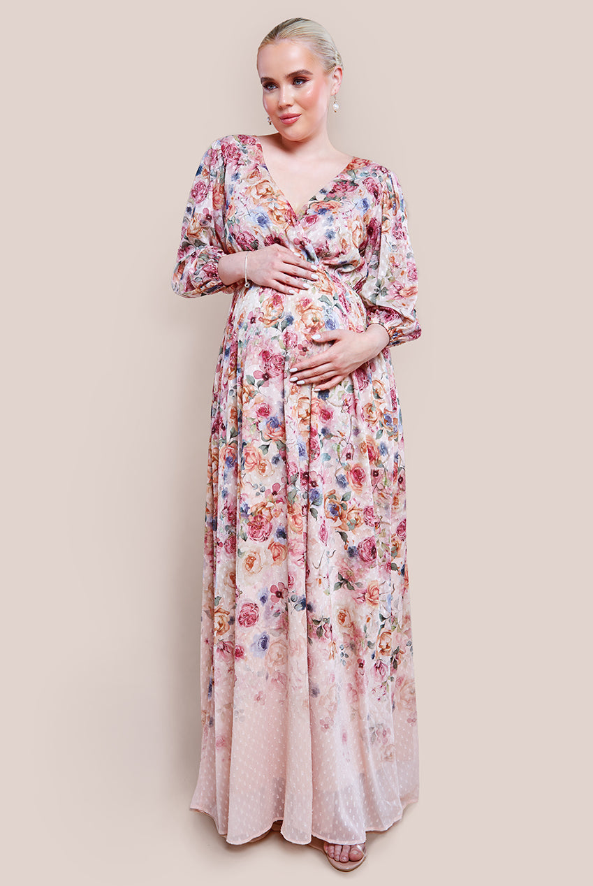 Goddiva Maternity Ombre Floral Printed Wrap Maxi Dress - Ivory