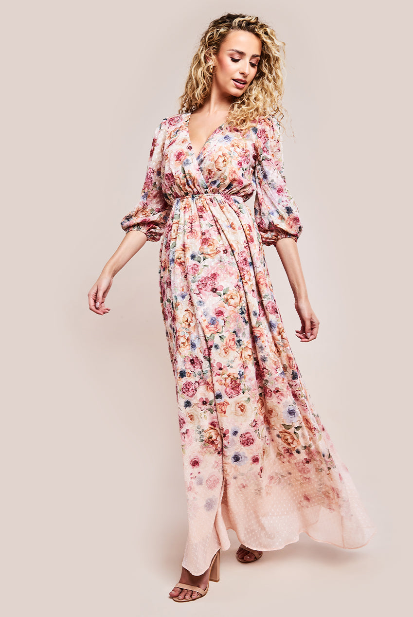 Goddiva Ombre Floral Printed Wrap Maxi Dress - Ivory