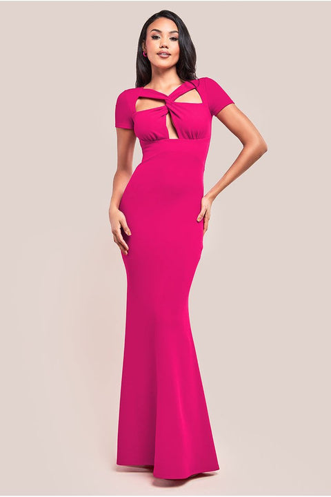 Goddiva Scuba Crepe Twist Cutout Maxi Dress - Hot Pink