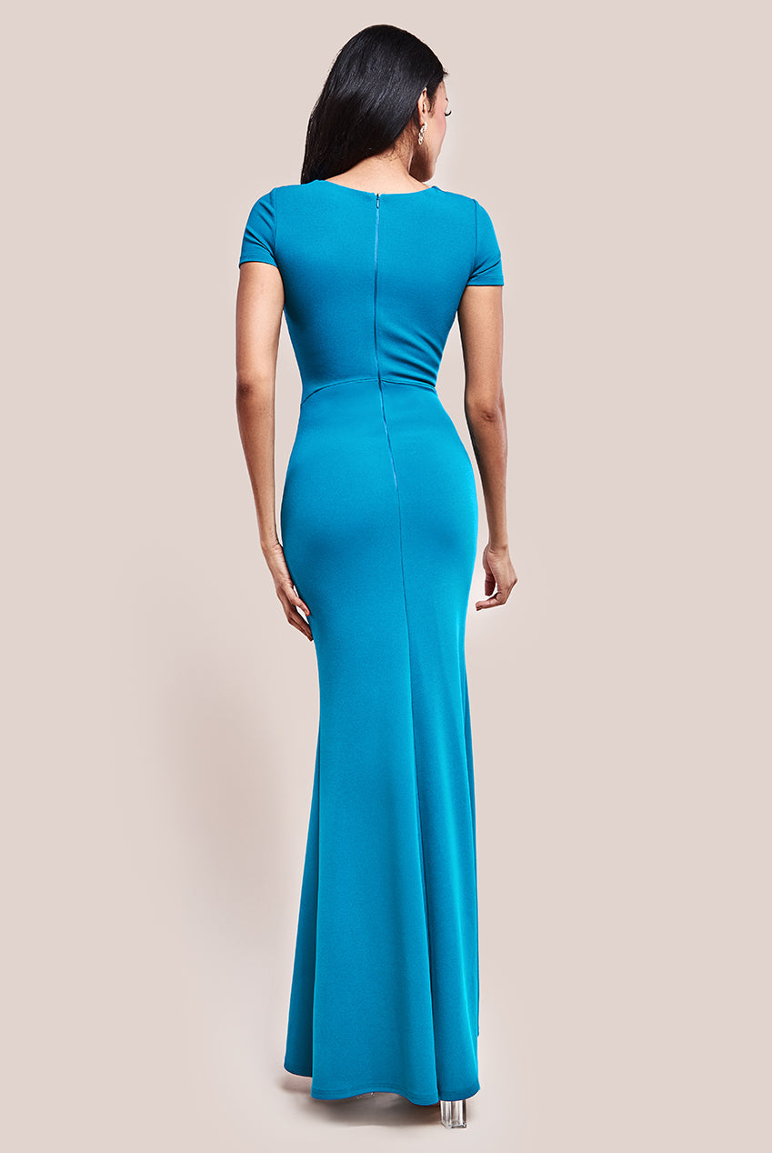 Goddiva Scuba Crepe Twist Cutout Maxi Dress - Teal Blue