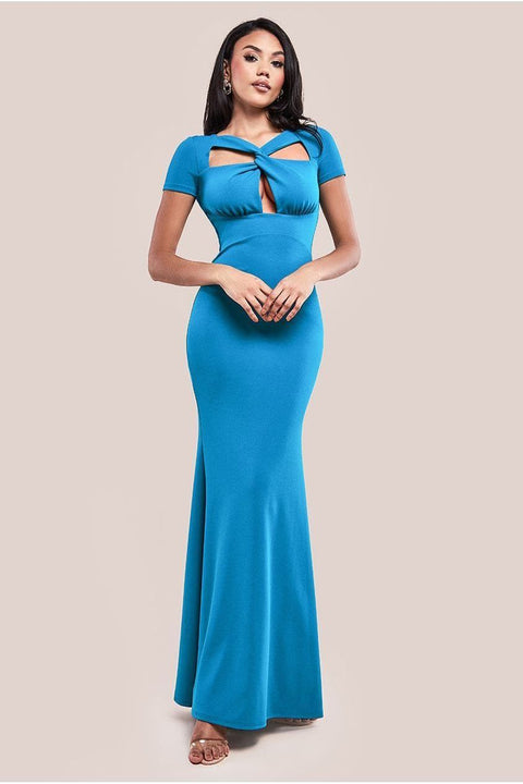 Goddiva Scuba Crepe Twist Cutout Maxi Dress - Teal Blue