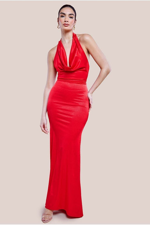 Goddiva Halter Cowl Neck Back Maxi Dress - Red