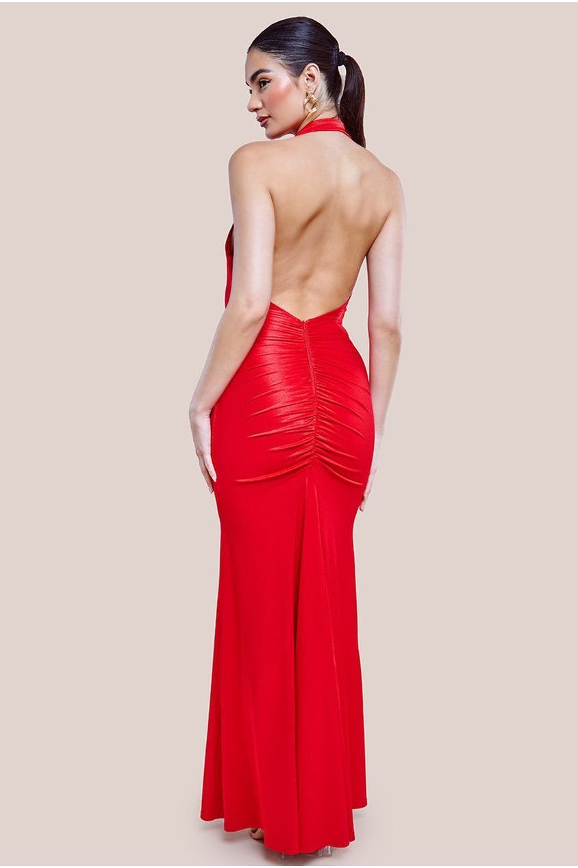 Goddiva Halter Cowl Neck Back Maxi Dress - Red