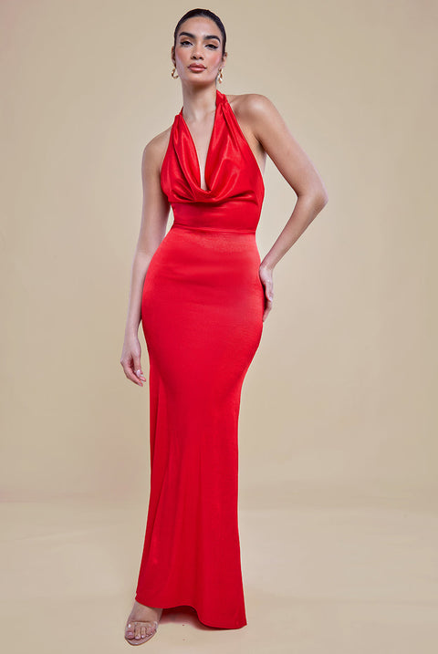 Goddiva Halter Cowl Neck Back Maxi Dress - Red