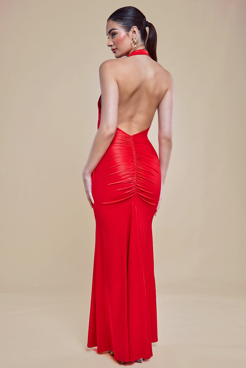 Goddiva Halter Cowl Neck Back Maxi Dress - Red