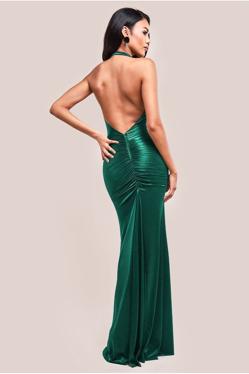 Goddiva Halter Cowl Neck Back Maxi Dress - Emerald Green