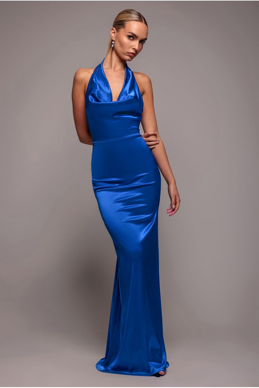 Goddiva Halter Cowl Neck Back Maxi Dress