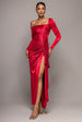 Goddiva Slinky Satin One Shoulder Split Maxi Dress - Red