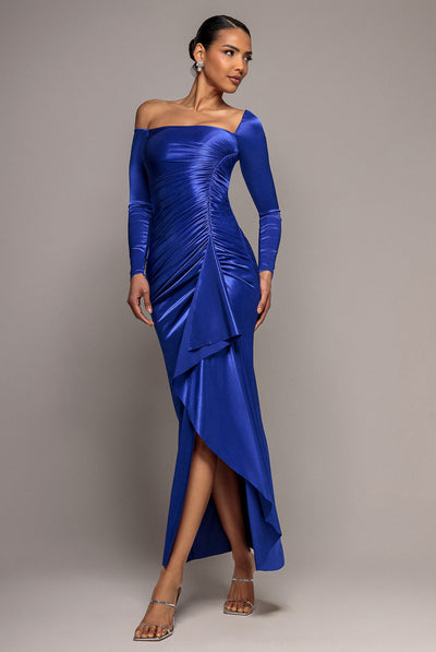 RoyalBlue - Goddiva Slinky Satin One Shoulder Split Maxi Dress - Royal Blue