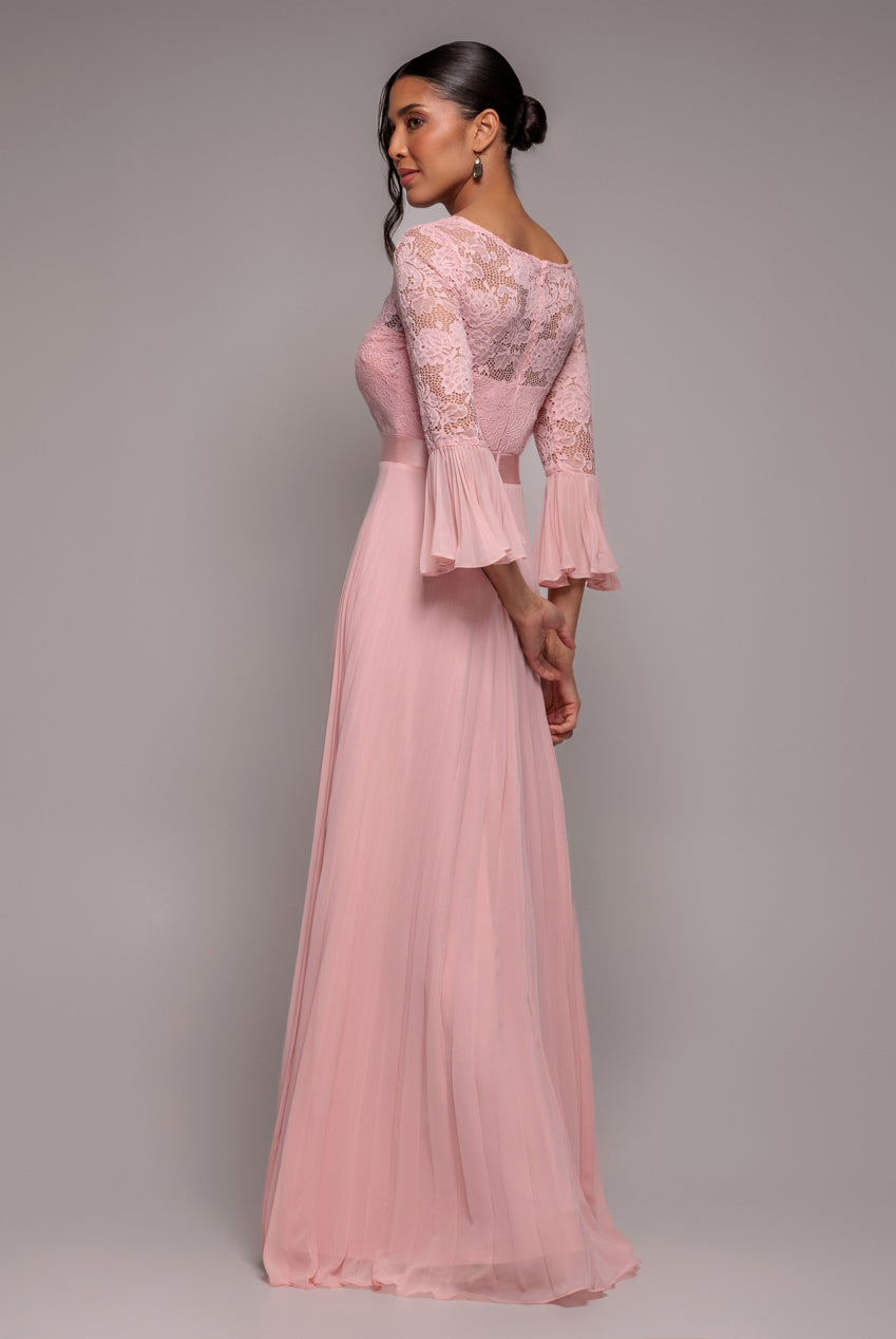 Goddiva Scalloped Lace Bodice Pleated Chiffon A Line Maxi Dress - Blush Pink