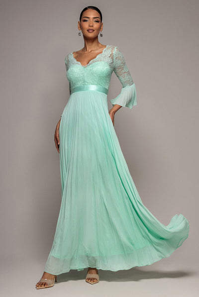 Scalloped Lace Bodice Pleated Chiffon A Line Maxi Dress - Mint Green