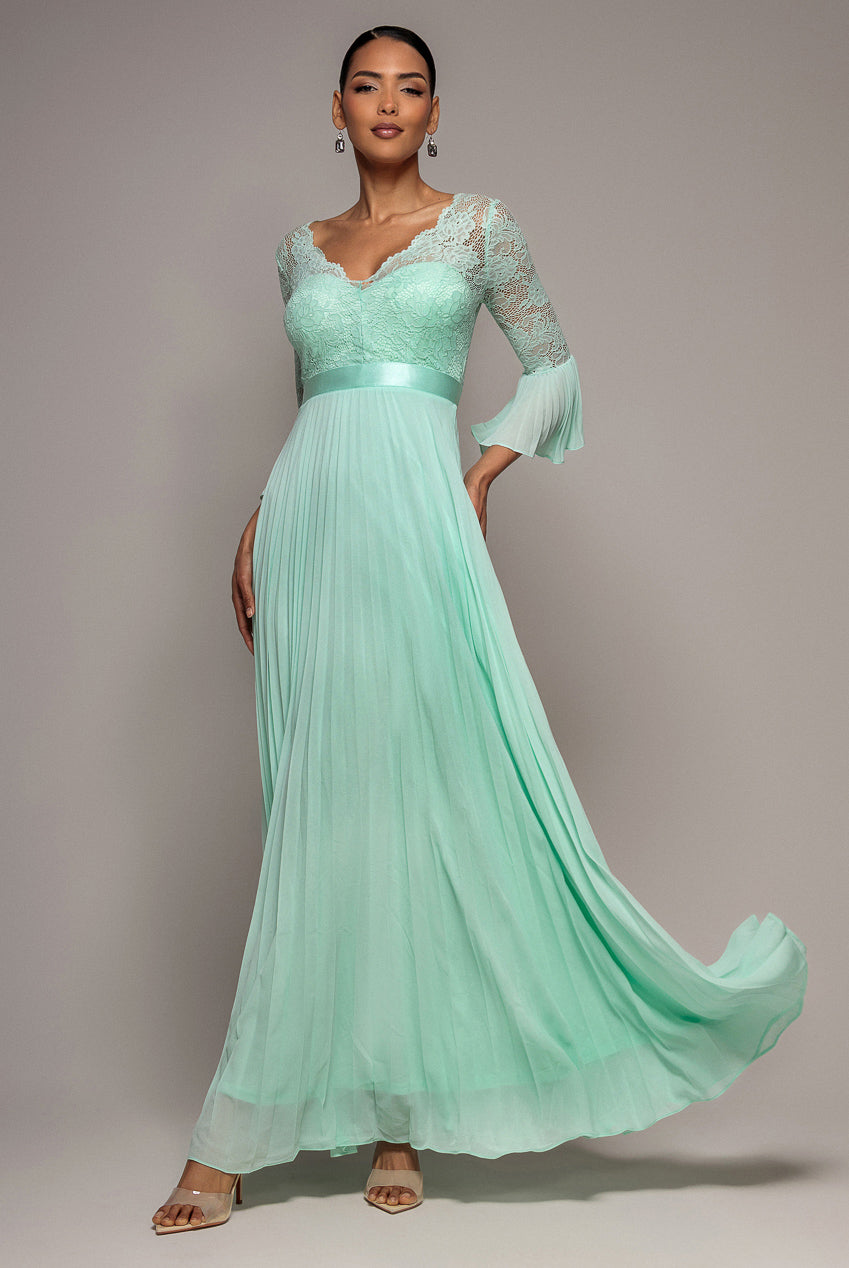 Scalloped Lace Bodice Pleated Chiffon A Line Maxi Dress - Mint Green
