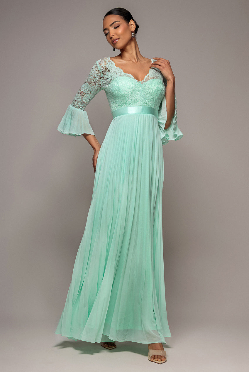 Goddiva Scalloped Lace Bodice Pleated Chiffon A Line Maxi Dress - Mint Green