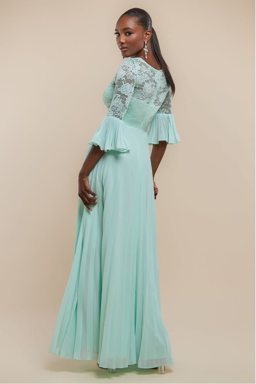 Goddiva Scalloped Lace Bodice Pleated Chiffon A Line Maxi Dress - Mint Green