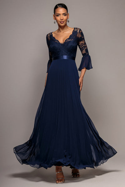 Scalloped Lace Bodice Pleated Chiffon A Line Maxi Dress - Navy Blue