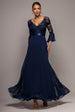Goddiva Scalloped Lace Bodice Pleated Chiffon A Line Maxi Dress - Navy Blue