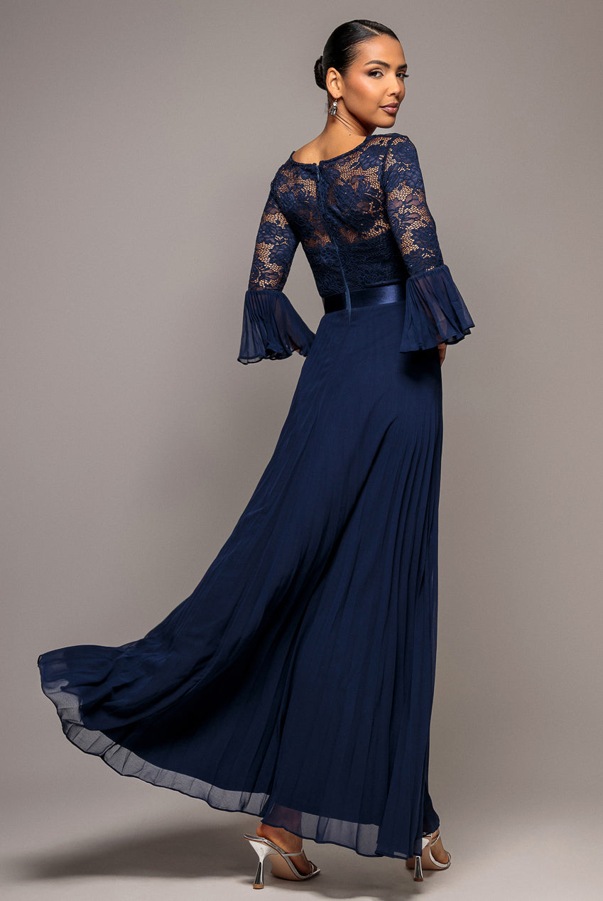 Goddiva Scalloped Lace Bodice Pleated Chiffon A Line Maxi Dress - Navy Blue