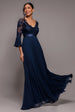 Goddiva Scalloped Lace Bodice Pleated Chiffon A Line Maxi Dress - Navy Blue