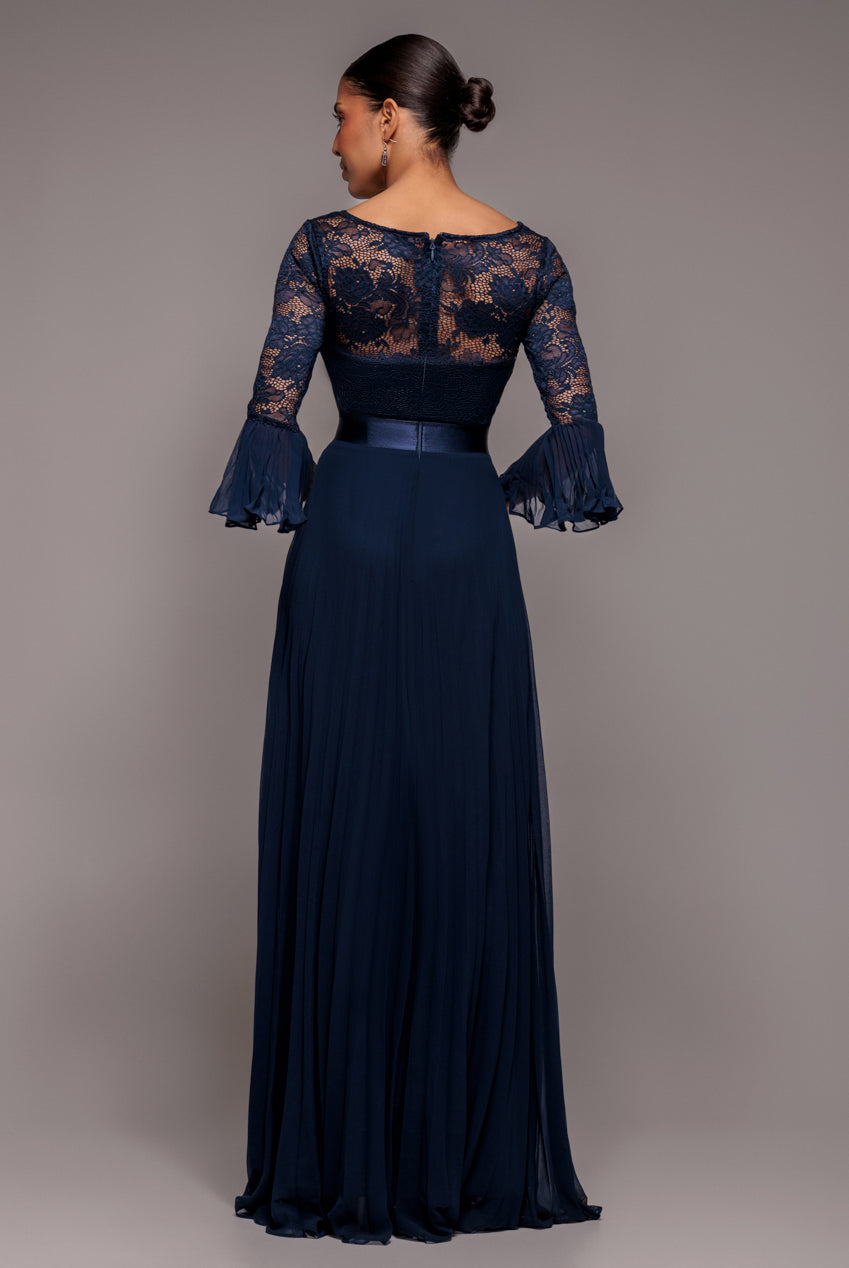 Goddiva Scalloped Lace Bodice Pleated Chiffon A Line Maxi Dress - Navy Blue