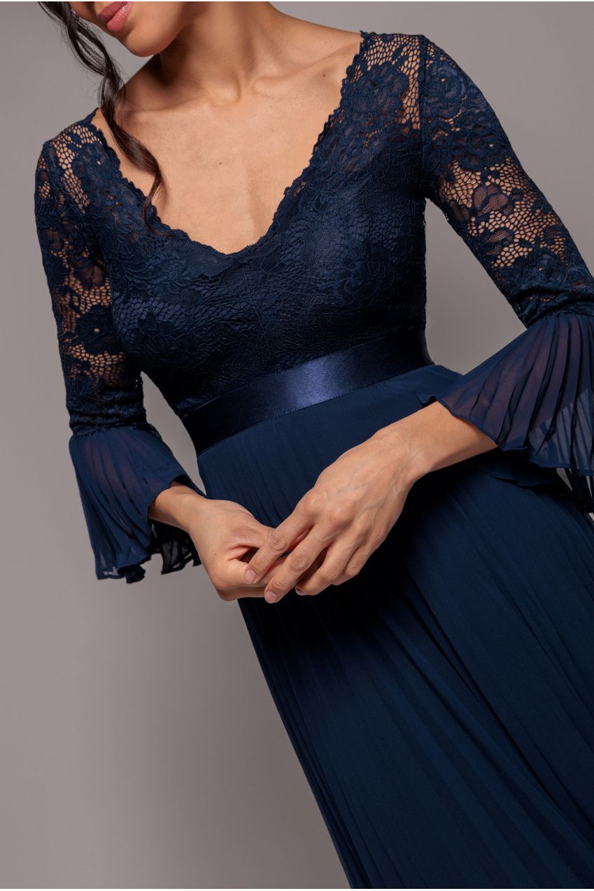 Scalloped Lace Bodice Pleated Chiffon A Line Maxi Dress - Navy Blue | Goddiva US Scalloped Lace Bodice Pleated Chiffon A Line Maxi Dress - Navy Blue | Goddiva US