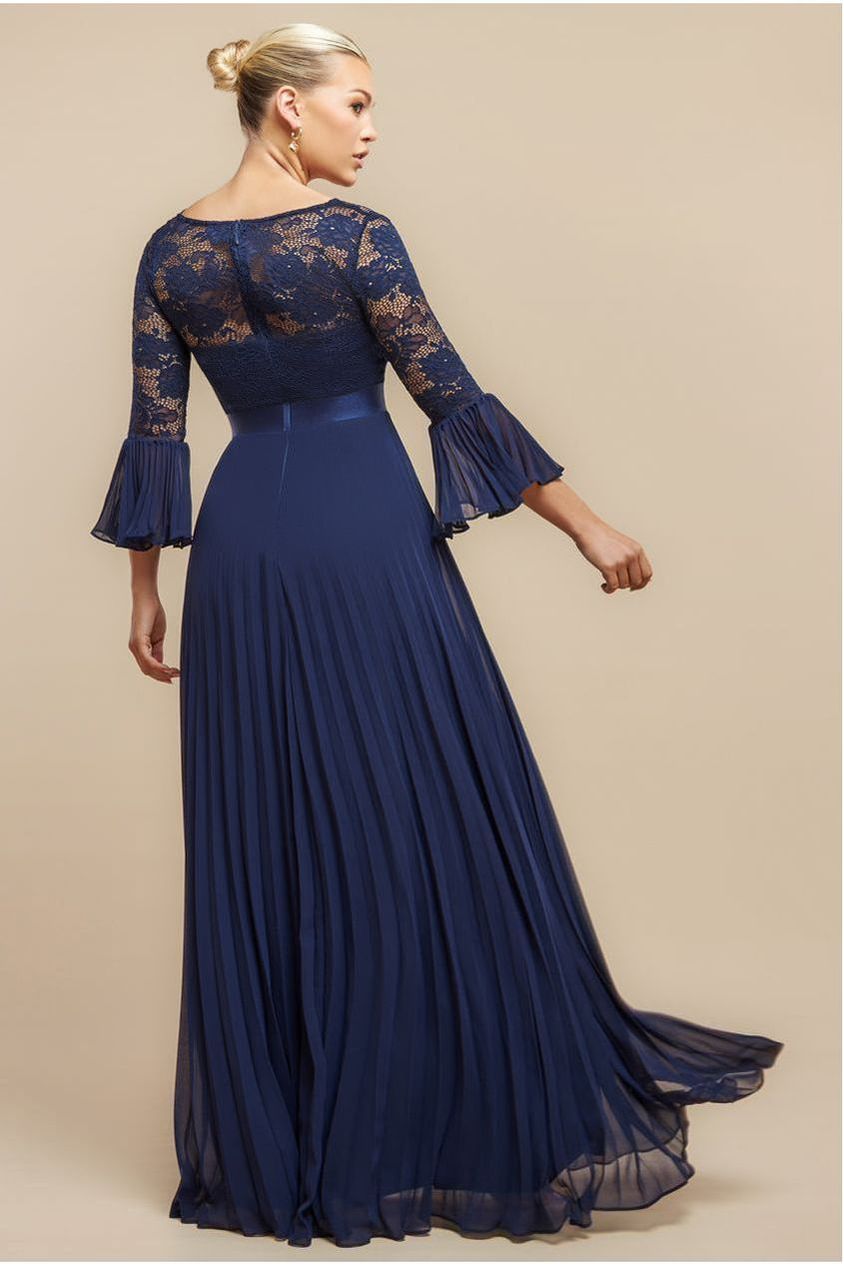 Goddiva Scalloped Lace Bodice Pleated Chiffon A Line Maxi Dress - Navy Blue