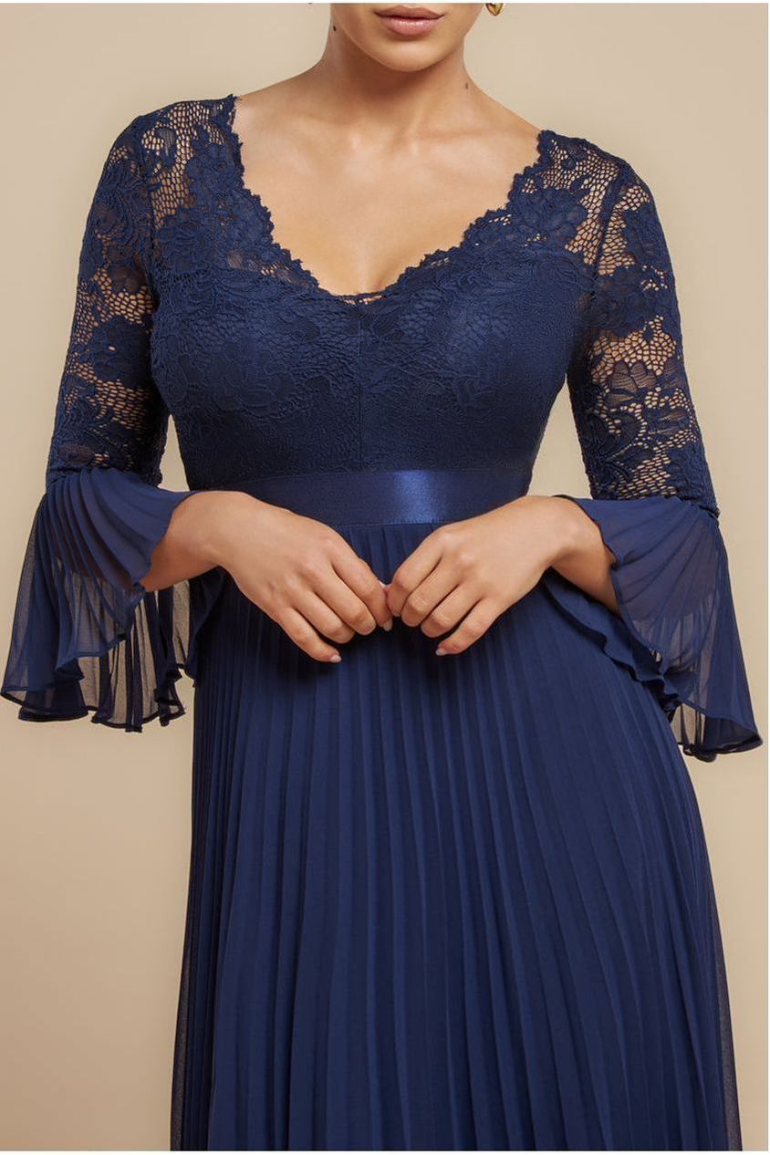 Goddiva Scalloped Lace Bodice Pleated Chiffon A Line Maxi Dress - Navy Blue
