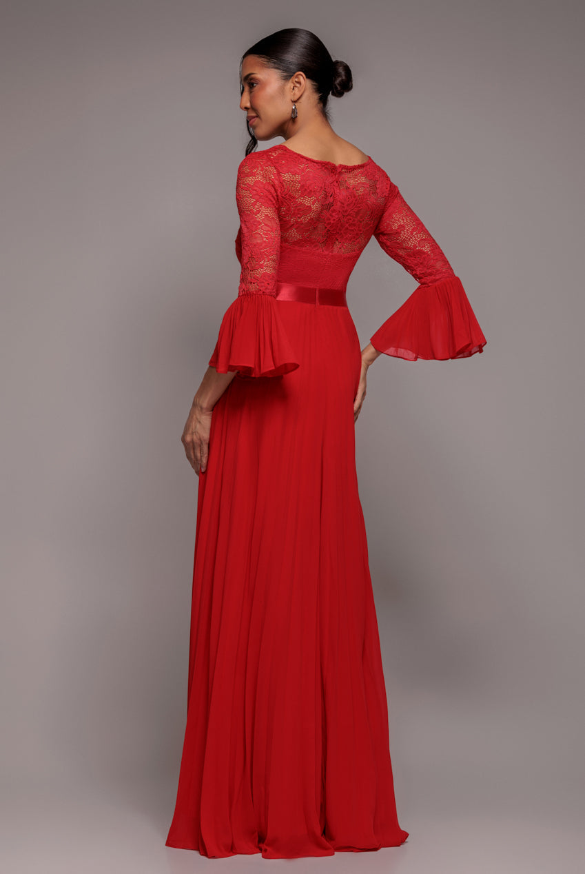 Goddiva Scalloped Lace Bodice Pleated Chiffon A Line Maxi Dress - Red