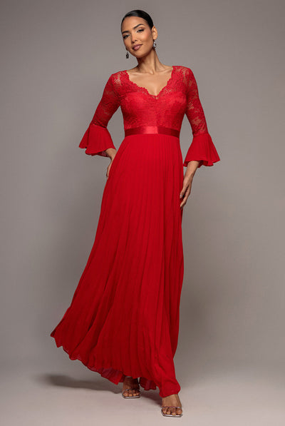 Goddiva Scalloped Lace Bodice Pleated Chiffon A Line Maxi Dress